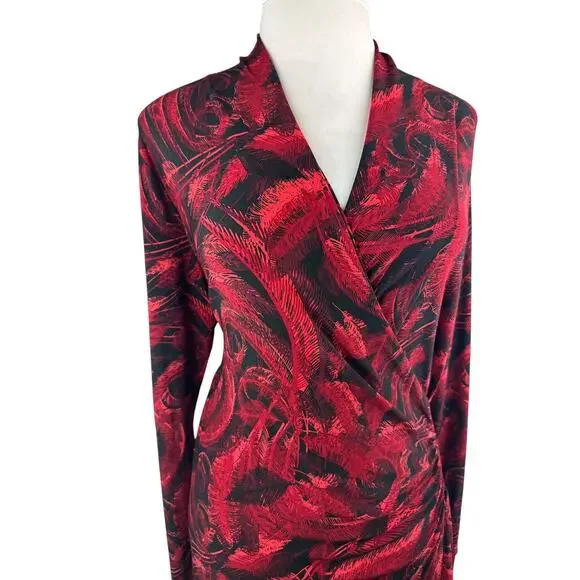 Norma Kamali Faux Wrap Dress Red & Black Feather Print Size XXL 2XL Office Chic - Picture 6 of 16
